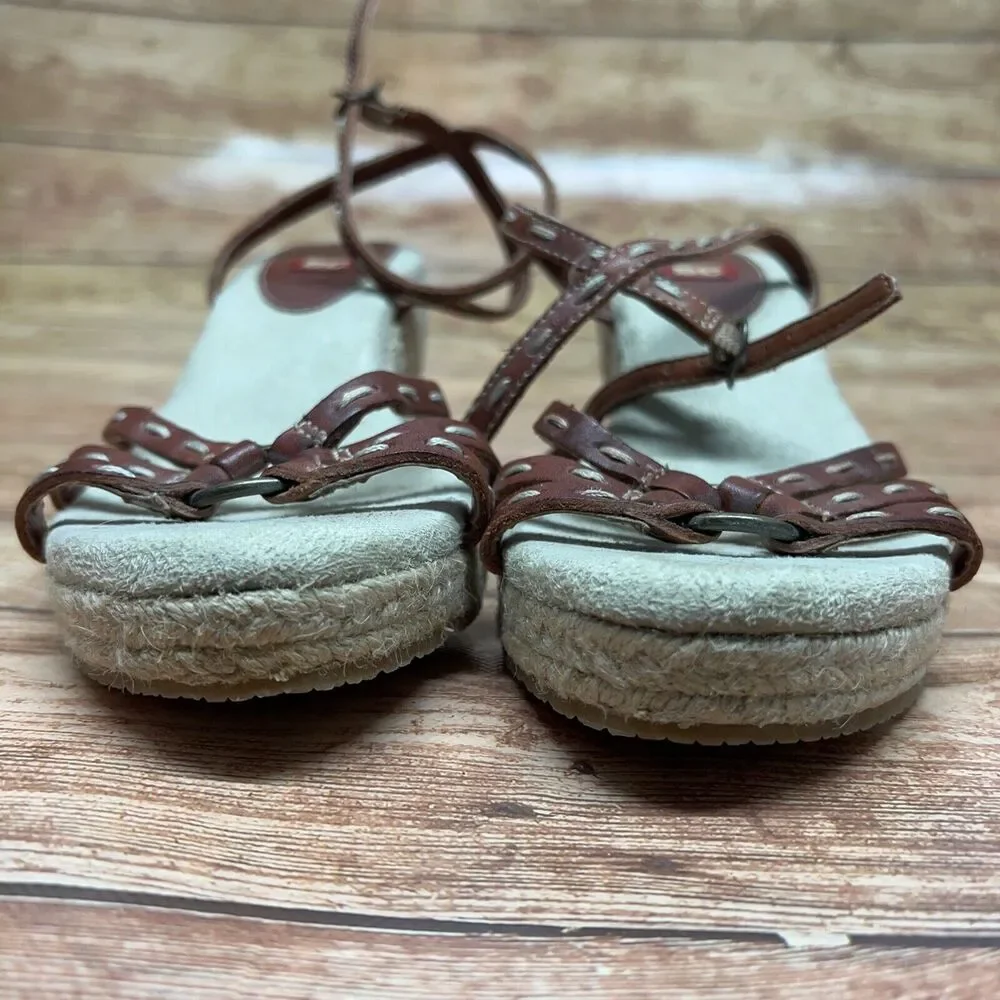 BC‎ Footwear Brown Beige Ankle Strap Espadrille Leather Wedge Sandals Size 6